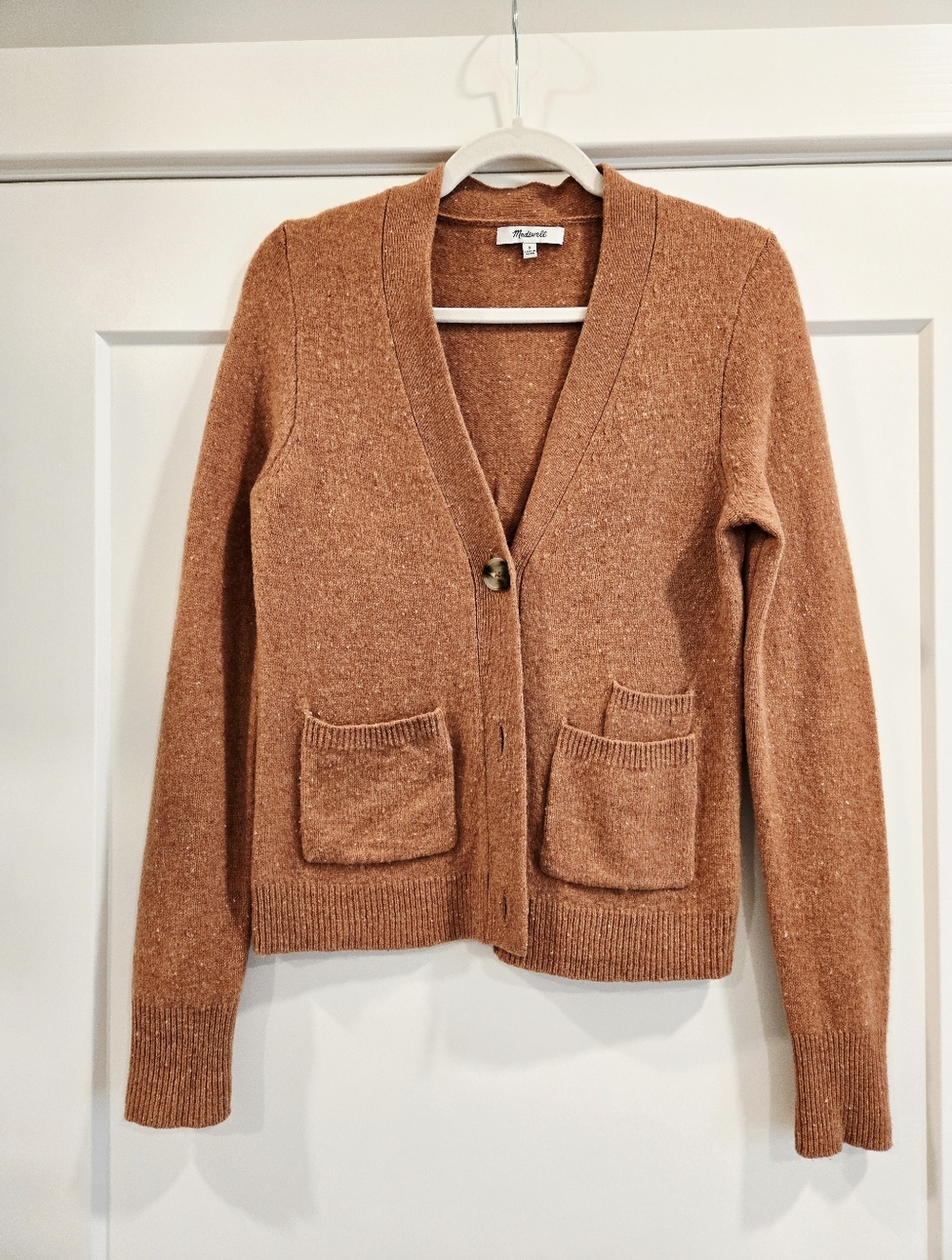 Madewell Light Terracotta Tweed V-Neck Button Cardigan with Pockets